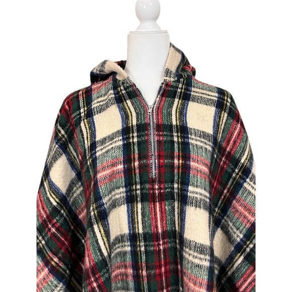 Vintage Plaid Hooded Poncho Cape Fringe Zip Front Made in Colombia - Picture 3 of 11
